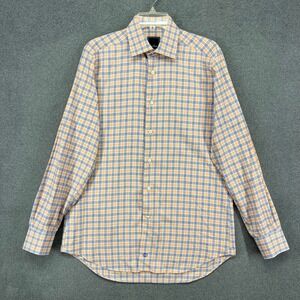 David Donahue Dress Shirt Mens 16 34/35 Orange Blue Plaid Trim Fit Button Down